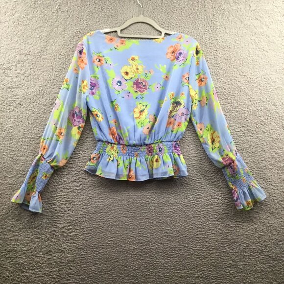 WAYF Smocked Cuff Floral Blouse Blue S - Picture 3 of 5
